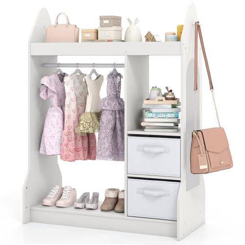 COSTWAY Kindergarderobe mit Spiegel, Kinderkleiderschrank mit Kleiderstange, 2 Stoffschubladen & Haken, Kinder Garderobe aus Holz mit Ablagen, für Kinderzimmer, 81 x 38 x 107 cm (Weiß)