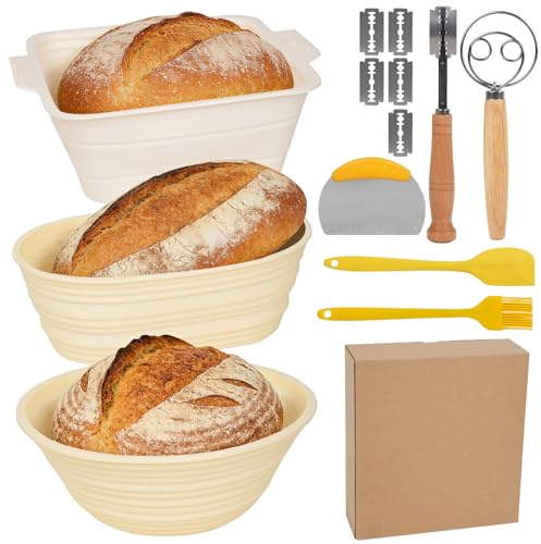 Sauerteig Starter Set: 3 Silikon Gärkörbchen (Oval, Rund, Eckig) & 4 Tools | Faltbar, schimmelresistent, spülmaschinenfest. Perfektes Brot Backen Set & Bread Proofing Basket für Sauerteigbrot.