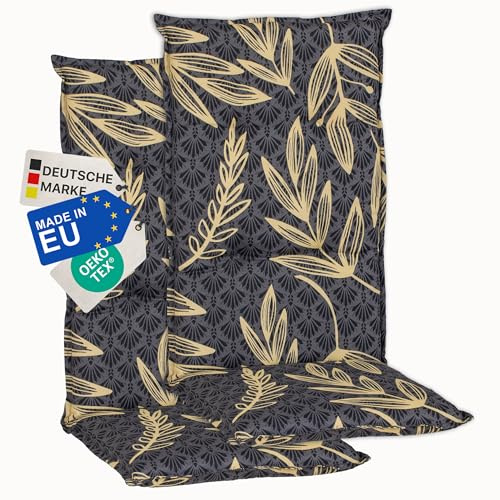 NYVI Gartenstuhl Auflagen Hochlehner 2er Set Barcelona - UV-Beständig, Atmungsaktiv, Strapazierfähig - Hochlehnerauflagen Sitzkissen Outdoor - Sitzauflagen für Gartenstühle 118x50cm Goldene Blätter
