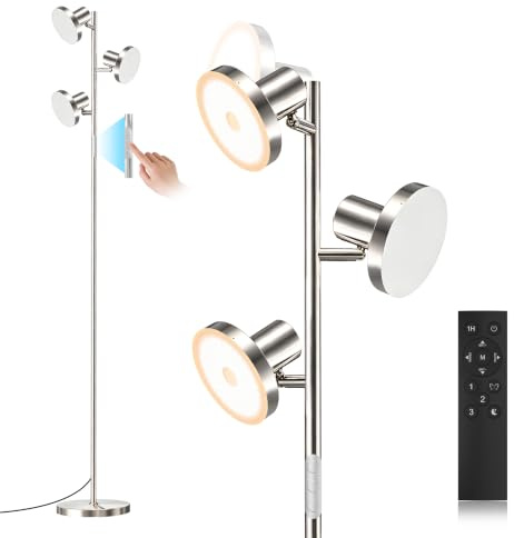 SIBRILLE Stehlampe Wohnzimmer 36W 2500LM Stehlampe LED Dimmbar, Fernbedienung&Touch-Steuerung, 2700K-6500K 3-Licht Leselampe Stehleuchte Moderne Deckenfluter LED Dimmbar für Wohnzimmer, Hellsilber