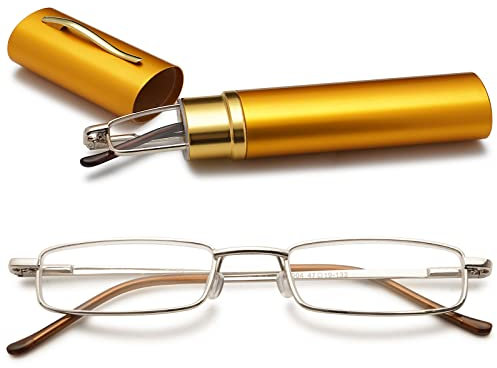 VEVESMUNDO Herren Lesebrille Mini Reise Kleine Kompakte Schmal Metall Lesehilfe Brillen Mit Etui +1.0,+1.5,+2.0,+2.5,+3.0,+3.5,+4.0 (1 x Gelb Blaulichtfilter Lesebrille, 2.0)