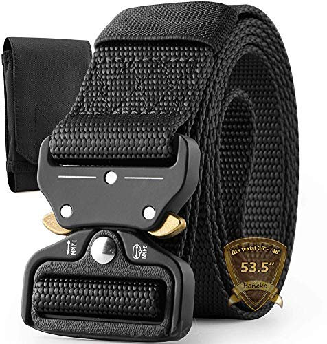Boneke Taktischer Gürtel, Militär Gürtel mit Schnellverschluss Metallschnalle, 53.5”(136cm) Große Größe Hochleistungs gürtel für Outdoor Sport und Arbeiter (Schwarz + Taillentasche)