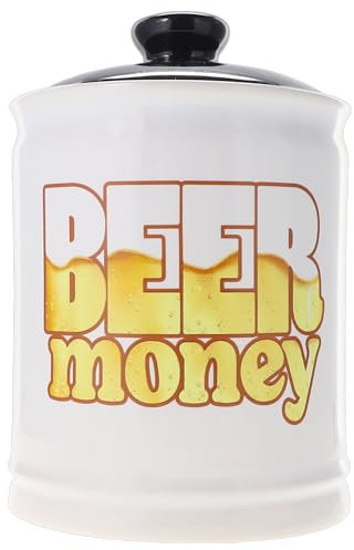 Cottage Creek Jar, Beer Money, Beer Piggy Bank, Ceramic Beer Coin Bank with Removable Black Lid, Beer Gifts [White]