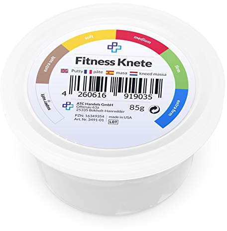 ATC Handels GmbH Fitnessknete in 6 Verschiedene Widerstandsgrade - für Handtraining, Anti-Stress, Handmuskulatur, Feinmotorik - formbar, vielseitig und stärkend (110g - Weiss, super weich)