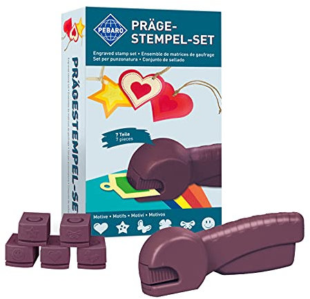Pebaro PR1 Kit de gaufrage avec Pince à gaufrer et 6 tampons de gaufrage : étoile, nœud, Smiley, cœur, Papillon, trèfle, kit de Bricolage, Bricolage avec Papier et Carton, idée Cadeau pour Enfants