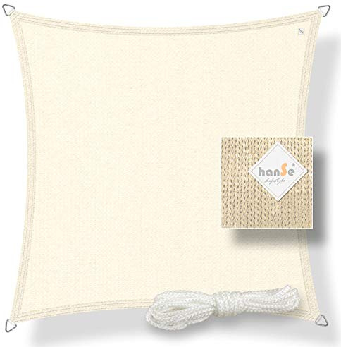 hanSe Sonnensegel quadratisch, Segeltuch Quadrat, 2x2m in Creme, aus HDPE Gewebe, wetterbeständig mit UV Schutz und Sonnenschutz für Garten, Balkon und Terrasse