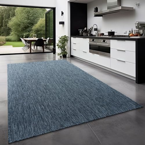 TT Home Teppich Für Outdoor Küchenteppich Balkon Terrasse Unifarbenes Design Modern, Farbe: Blau, Größe:80x250 cm