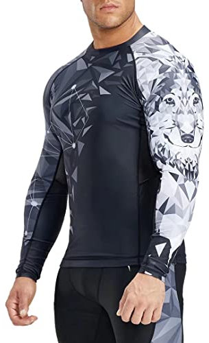 HUGE SPORTS Fightwear BJJ Rashguard für Herren, langärmelig, für MMA, Boxen, Kampfsport, Wrestling, Grappling, Muay Thai, Training, Baselayer, Schwimmen, Surfen, Rashguard-Shirt (schwarzer Wolf, L)