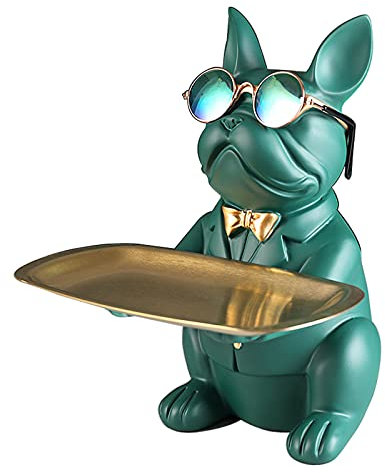 Vinbcorw Französische Bulldogge Figur mit tablett Edelstahl,Tischdekoration skulptur deko,schlüssel Schale Statue Kleinteile, Behälter, obstschale,Schlüsselbonbons Organizer,Grün,D