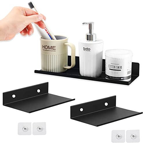 Étagère Murale en Métal Noir, Tablette Flottante Noire-2 Pièces, Étagère Murale Salle de Bain, Étagères Flottantes en Acier pour la Cuisine, Le Salon, la Chambre et Le Bureau (20 Cm)