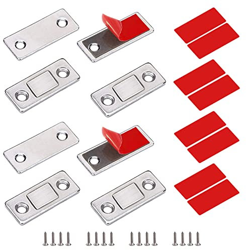 Imanes de puerta fuerte magnética para armario (4 unidades, autoadhesivos) para muebles, imanes de armario de acero inoxidable para puertas correderas, cocina, ventana, armario
