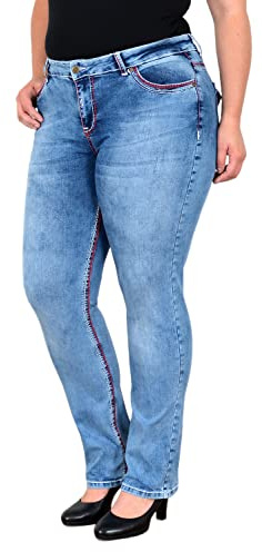 ESRA Damen Jeans High-Waist Straight Fit Dicke Naht Jeanshose Übergröße Plussize Große Größen Hose Gerade Schnitt Hoch-Bund Straight Leg Stretch FG12