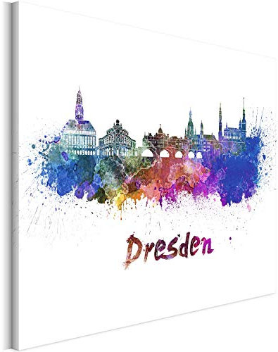 REVOLIO 75x50 cm Leinwandbild Wandbilder Wohnzimmer Modern Kunstdruck Design Wanddekoration Deko Bild auf Leinwand Bilder 1 Teilig - Deutschland Dresden Aquarell mehrfarbig weiß