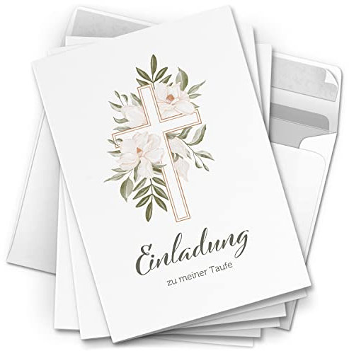 10 Einladungskarten Taufe - Motiv Magnolien Kreuz - moderne Klappkarten mit Umschlägen - Einladungen zu Taufe Kirche Einladung Karten