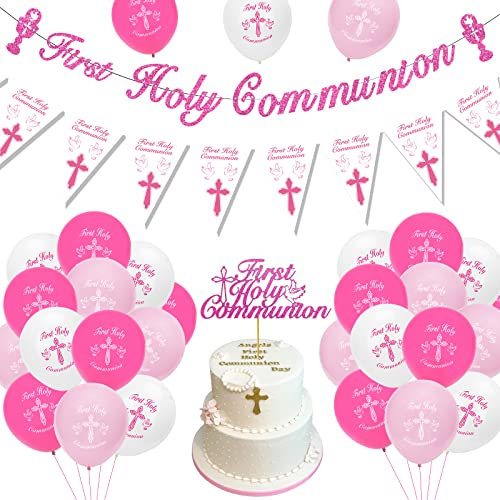 Dekoration für die Heilige Kommunion, Erstkommunion, Konfirmation, Dekoration, rosa Banner, Wimpelkette, Luftballons, Tortenaufsatz für Mädchen, Kommunion, Taufgeschenk