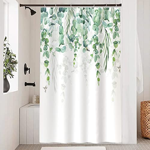 Uiiooazy Rideau Douche Anti Moisissure, Rideau Douche 120x200cm Feuilles Vert Eucalyptus Botanique Motif Rideaux de Baignoire Tissu Lavable Imperméable Polyester Rideaux Salle de Bain avec 8 Crochets