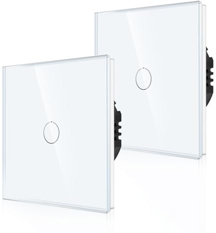 CNBINGO - Interruptor de luz táctil de 1 vía, interruptor de pared blanco con panel de vidrio y retroiluminación LED de estado, no requiere cable neutro, 500 W/Fach, 1 interruptor,1-Gang, 2-Pack