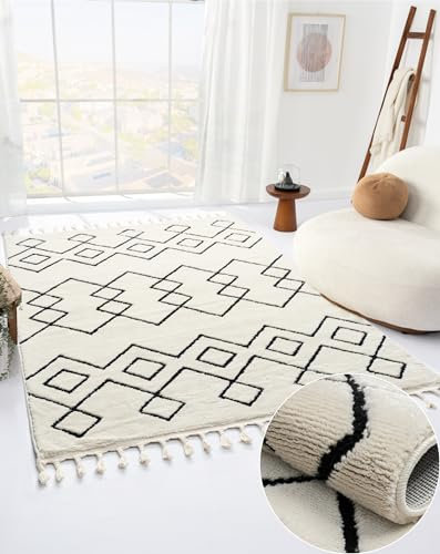 MY-RUG Teppich Sofie Rautenmuster, rechteckig, weiß 200 x 290 cm - Moderner Shaggy Teppich für das Schlafzimmer, kuschelige Oberfläche, skandinavisches Design
