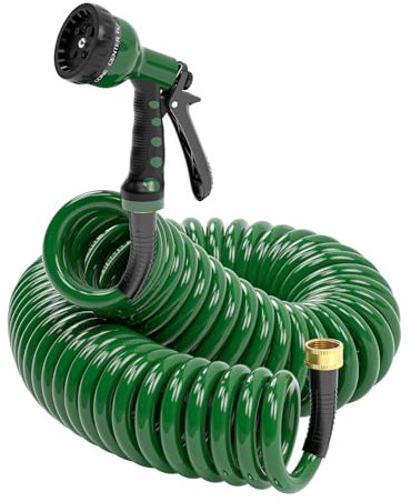 SPECILITE Coil Gartenschlauch, 15 m x 1,27 cm, flexibler EVA-Wasserschlauch mit 6 Sprühdüse, lockige Rücklaufschläuche, einziehbar, leicht und knickfrei, Bewässerungsschlauch für Boot, Gewächshaus,
