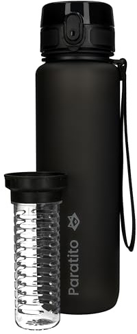 Paratito Trinkflasche mit Fruchteinsatz 1 L spülmaschinenfest, Kohlensäure geeignet, BPA-freies Tritan, Fitness Flasche 1 Liter für Gym, Fahrrad, Wasserflasche mit Geschmack (Fox Bottle schwarz)