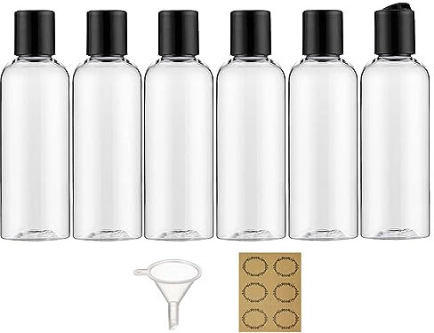 Apstaqeoo 6PCS 100ML Plastic Bottles with Disc Top Flip Cap Empty Squeeze Bottles Refillable Travel Container Dispensing with 1 Funnel 6 Label TSA Approved for Liquid Lotion Toiletries(Transparent)
