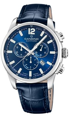 Candino Swiss Herrenuhr Analog aus Edelstahl und Leder Blau | Chronograph, Kalender, Widerstandsfähiges Saphirglas, Wasserdicht 10 ATM Elegant C4745/2 Gents Chrono Timeless