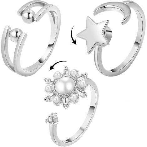 BUKYCAT 3 Stk Angst Fidget Ringe, Verstellbare Spinnerringe, Zirkonia Ringe für Damen, Verstellbare Stapelbare für Stress Abbauen (D)