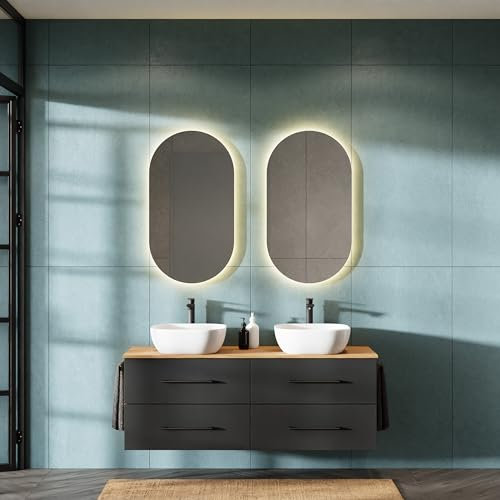 Planetmöbel LUX Badmöbel Set Waschbecken mit Unterschrank 140 cm hängend inkl. 2 Aufsatz-Waschbecken 42 cm weiß, Waschbeckenunterschrank Gold Eiche/Anthrazit