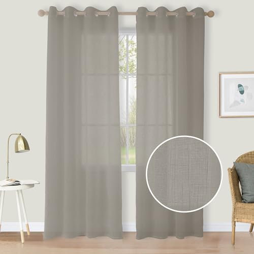 CUCRAF Leinenoptik Voile Vorhänge mit Ösen Halbtransparent Gardine für Schlafzimmer Wohnzimmer H225 x B140cm 2er Set,Hellgrau
