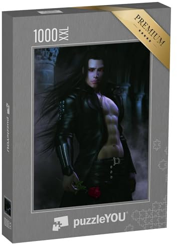 Puzzle 1000 Teile XXL „3D-Fantasie-Illustration eines sexy männlichen Vampirs mit Rose umgeben von Nebel“ – aus der Puzzle-Kollektion Vampire