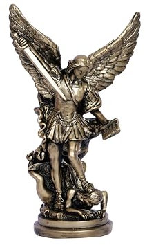 San Miguel Arcangel Statue 30,5 cm St. Michael Statue Heiliger Erzengel Michael Statue besiegt Luzifer Trampeln Dämon Harz Kampf Engel Skulptur Bronze Sammlerstück Skulptur Religiöse Figuren Dekor