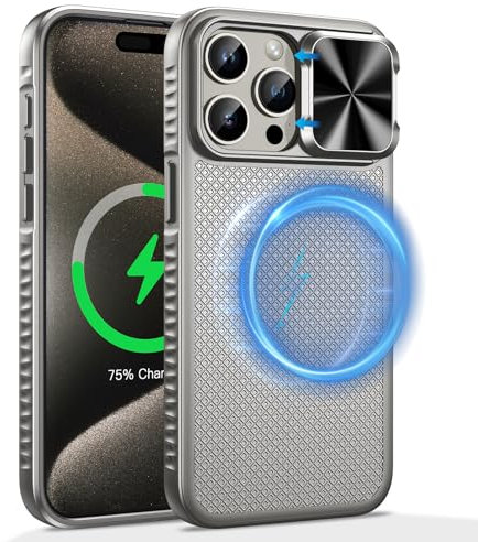 HWeggo for iPhone 15 Pro Max 6.7 Case Magnetic,Compatible with MagSafe&Slide Camera Cover,Military Grade Shockproof Lightweight TPU Bumper Edge Protective Phone Cover (Titanium)