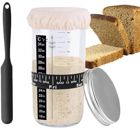 Kit de démarrage pour levain de levain, pot de 1 000 ml avec couvercle en aluminium, bande d'alimentation marquée par la date, grattoir en silicone, couvercle en tissu et bande de thermomètre