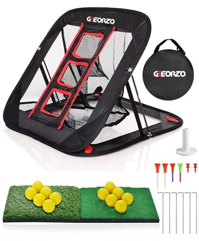Golf Chipping Net, GEEORZO Pop Up Practice Net, Swing Training Aid for Backyard Outdoor Indoor - Golf Gift for Men Women (Net+Mats+Balls(Black))