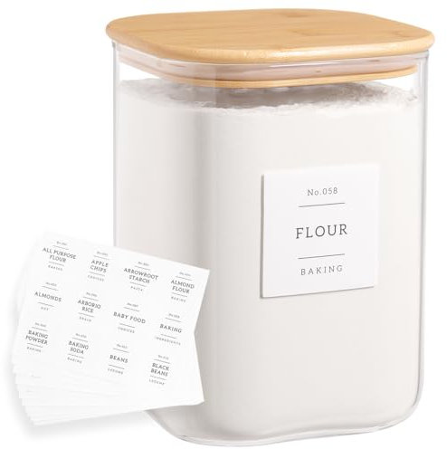 Grands récipients en verre avec couvercles hermétiques pour farine et sucre avec 132 étiquettes – 3,1 188,4 g – Bocaux carrés en verre avec couvercles en bambou