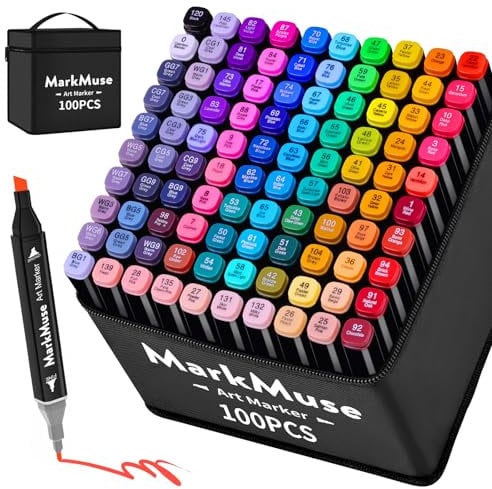 MarkMuse 100 Couleurs Feutre a Alcool, Feutres Coloriage Adulte, Marqueurs à Croquis Double Pointe 2S Séchage Rapide avec Pochette de Transport et Espaceur pour les Débutants Artistes Dessin