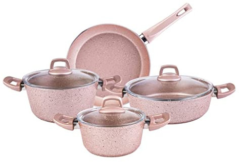 FEIGUO Juego de 7 Utensilios de Cocina, Cacerola, Olla y sartén, Cocina de Acero Inoxidable de Granito Antiadherente (Color: Rosa) (Paquete Variado Rosa) (Paquete Variado Rosa)