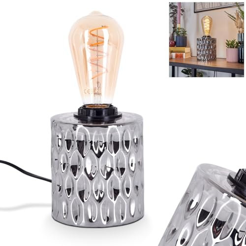 Tischleuchte Sonhim, Tischlampe aus Glas/Metall in Chrom/Rauch/Schwarz, Leuchte im modernen Vintage/Retro-Design mit Schirm aus Glas (Ø 11 cm) u. An/-Auschalter am Kabel, 1 x E27, ohne Leuchtmittel