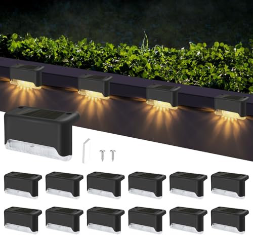 Liuyife 12 Unidades Luz Solar Exterior para Escaleras, Impermeable Luces Solares para Cubierta, Blanca Cálida, LED Luz Solar Para Escaleras Exteriores, Escalones, Valla, Terraza, Patio, Camino