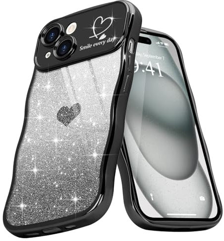 Teageo Cute Heart Pattern Curly Phone Case for iPhone 15, Wave Frame Glitter Case for Girls Women Aesthetic Bling Cover Shockproof Soft TPU Bumper for iPhone 15, Black