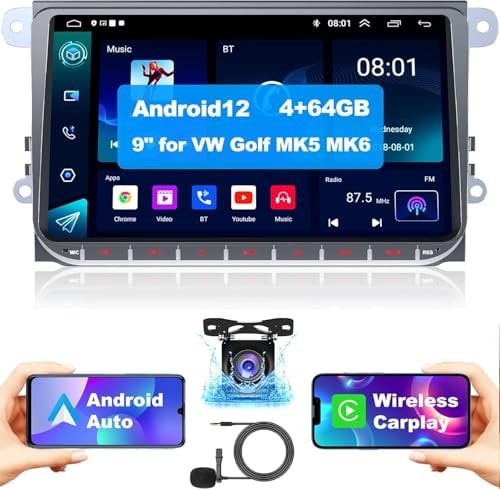4+64GB Car Radio For VW Passat Golf MK5 MK6, 9 Inch IPS Touch Screen Car Stereo Support Wireless Carplay&Android Auto,Back-up Camera, Bluetooth&Voice Control,GPS Navigation,FM Radio
