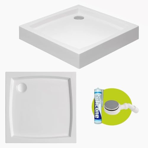 ECOLAM® Duschwanne Patio 80x80 x16 cm Tiefe 5 cm Duschtasse flach Polimat Viereck quadratisch Acryl weiß + Siphon + Silikon