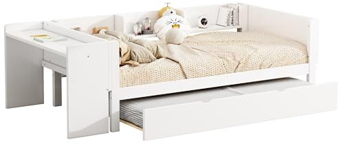 Flachbett 90 x 200 cm, mit Ausziehbett und Schreibtisch mit DREI Regalen, Massivholz, Weiß