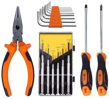 TIENDA EURASIA – Juego Destornilladores | Material Acero Aleado | 6 Destornilladores de Precisión | Punta Plana y Punta Phillips | Set Allen | Alicate Universal | 17 Piezas | Naranja, Negro y Plateado