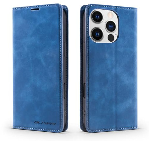 QLTYPRI Case for iPhone 16 Pro 6.3 inch, Premium PU Leather Cover TPU Bumper with Card Holder Kickstand Hidden Magnetic Adsorption Flip Wallet Case Cover for iPhone 16 Pro - Blue