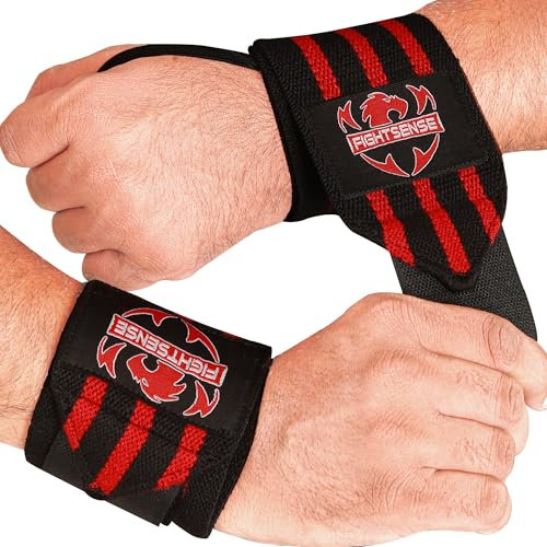 FIGHTSENSE Polsini Palestra-Fasce da polso per il sollevamento pesi,18” cinghie da polso di qualità premium con anello per il pollice per uso intensivo -Polsiere Gym Uomo Donna Professionali (Rosso)