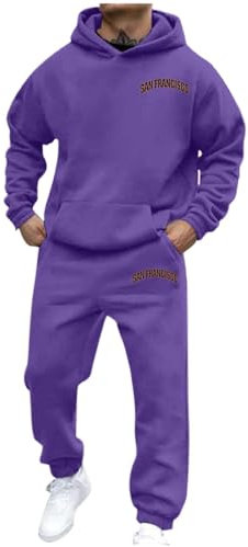 Tuta da jogging da uomo, invernale, a maniche lunghe, calda, con pantaloni in tinta unita, hip hop, felpa da uomo, con cappuccio, per il tempo libero, tracksuit sport, set da due pezzi, Viola scuro,