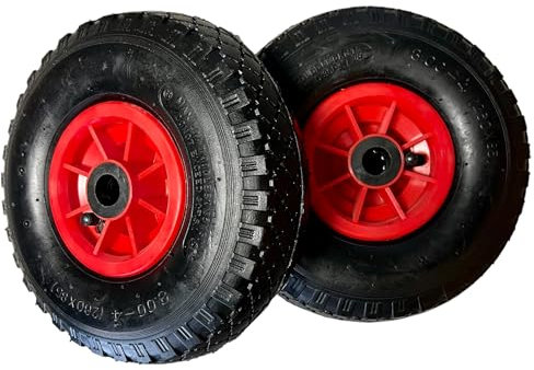 Lot de 2 pneus de diable 3.00-4 - 260 x 85 x 20 - Avec chambre à air et roue pour axe de 20 mm de diamètre - Pneus de rechange - Roues de diable - Roulement à rouleaux - Valve coudée - Noir/rouge