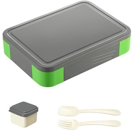 Luoqun88 Bento Lunch Box - 1330ml, 6 Compartments, Leak-Proof, Microwave & Dishwasher Safe, Bento Box Ideal for Kids & Adults (Green-Grey)