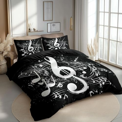 CozyRest Bettwäsche Set 135 x 200 cm Wende Bettbezug Set, Schwarz, Rock-Stil Musiknoten Notensysteme, Weiche Vier Jahreszeiten Bettbezug mit Reißverschluss und 80x80cm Kissenbezug